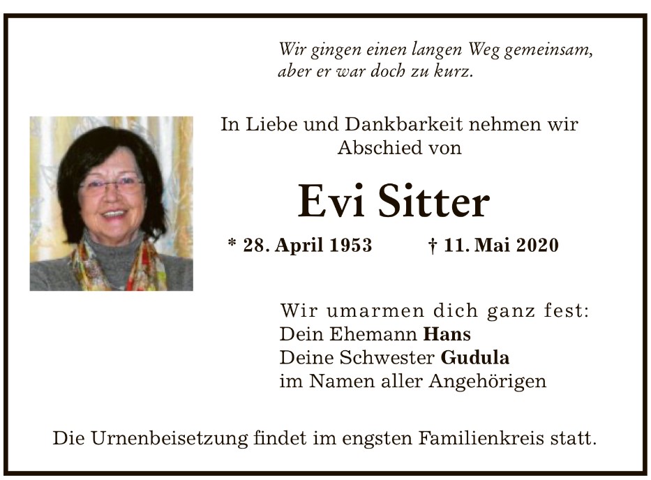 Traueranzeige Evi Sitter